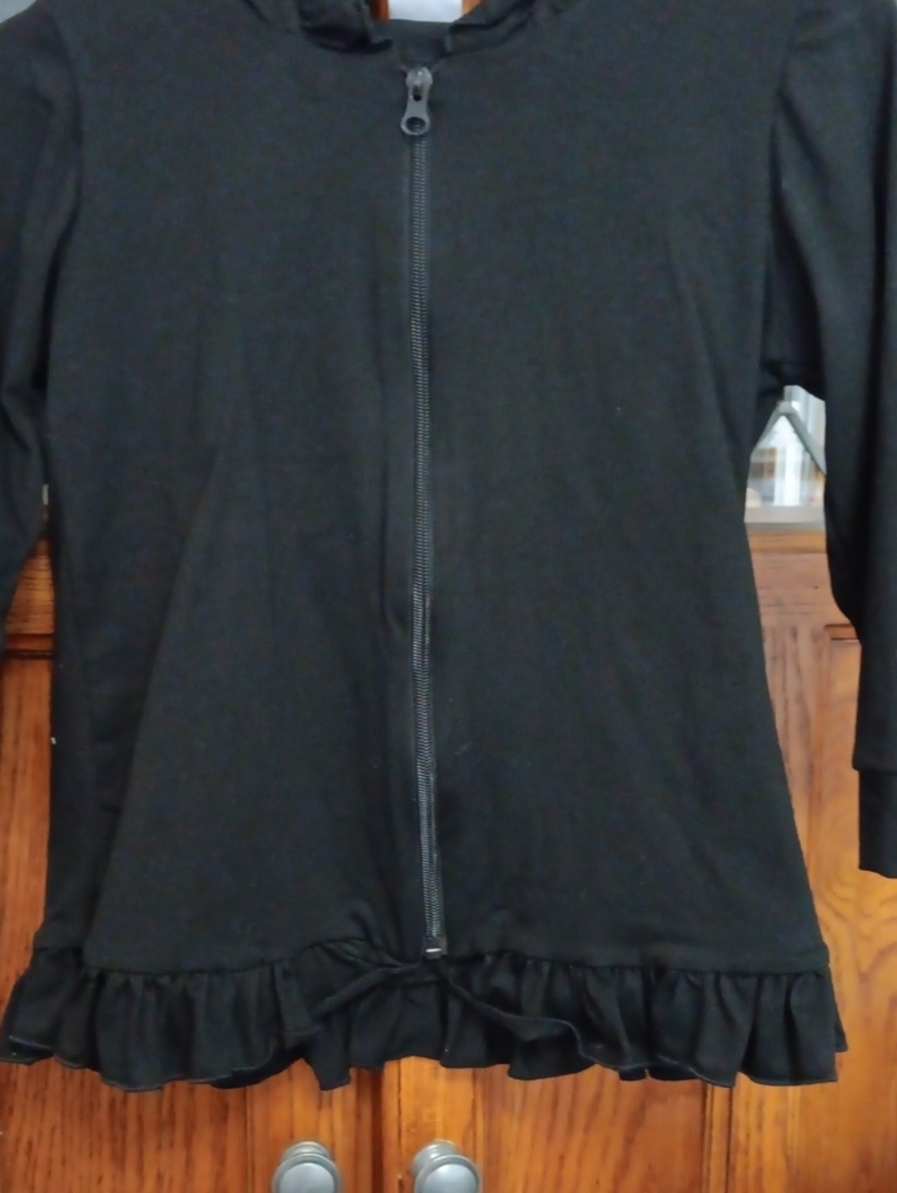 Girk's Black Zip-Front Hoodie with Ruffle Hem